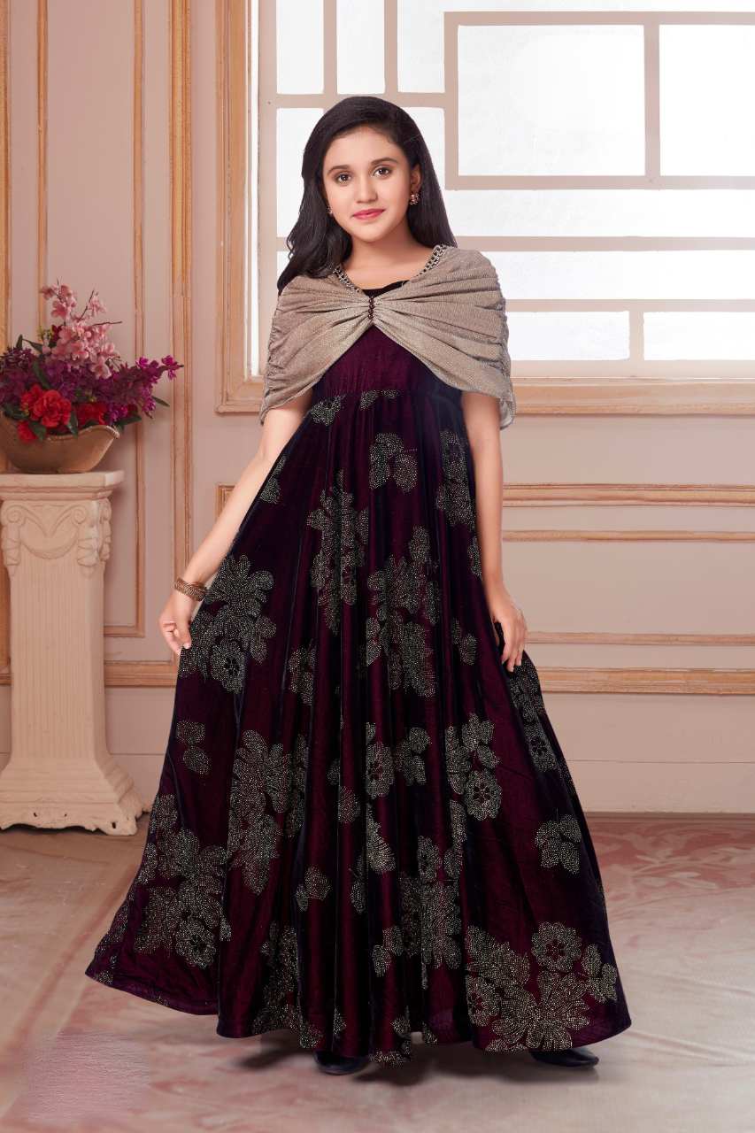 Maroon & Silver Girls’ Floral Cape Gown