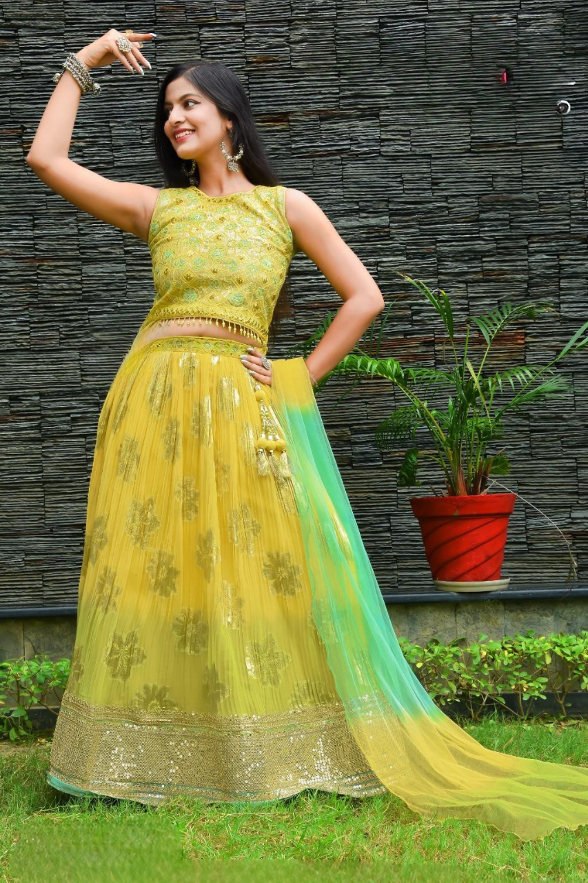 Yellow And Green Ombre Emroidered Lehenga Choli