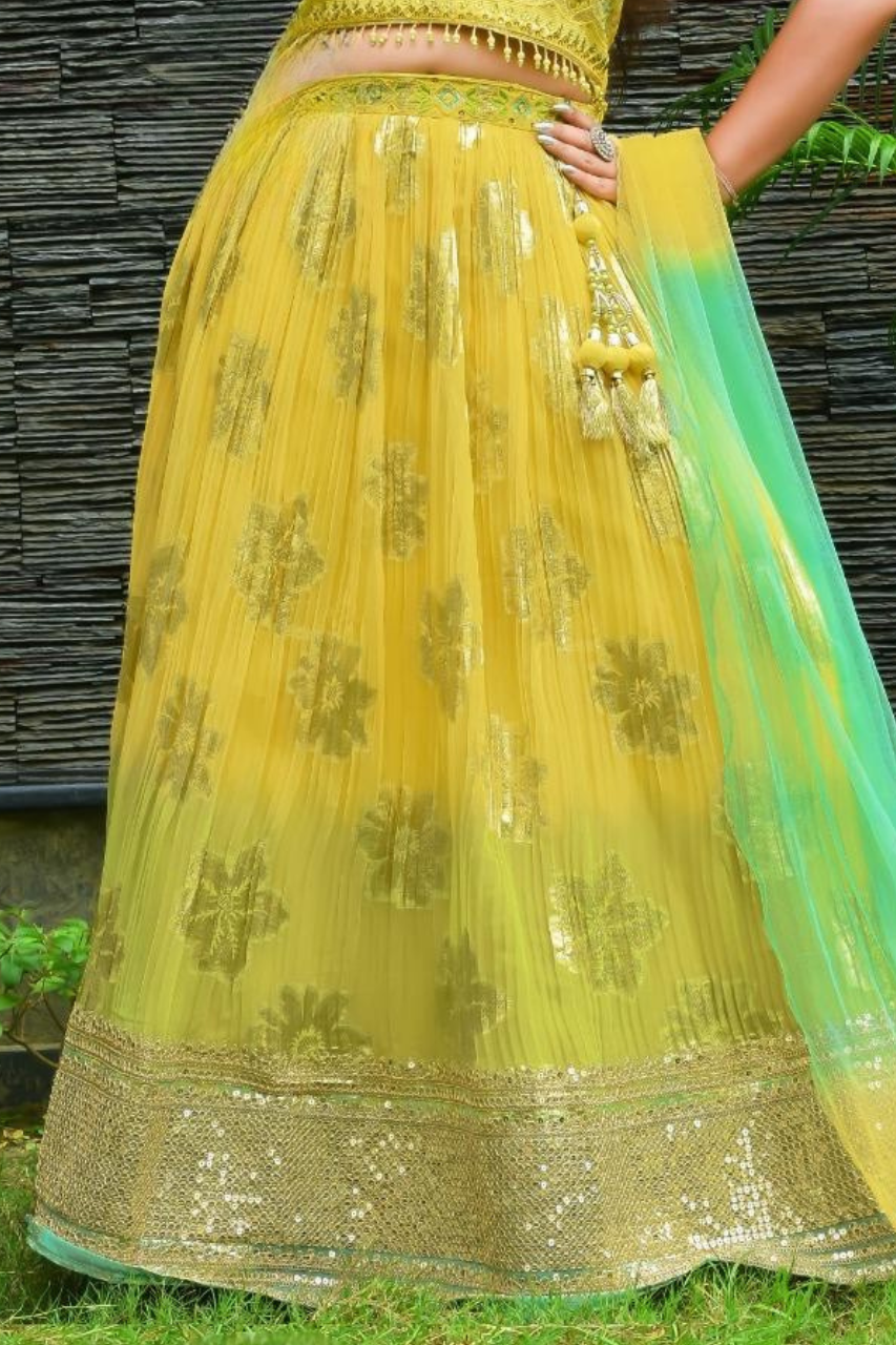 Yellow And Green Ombre Emroidered Lehenga Choli