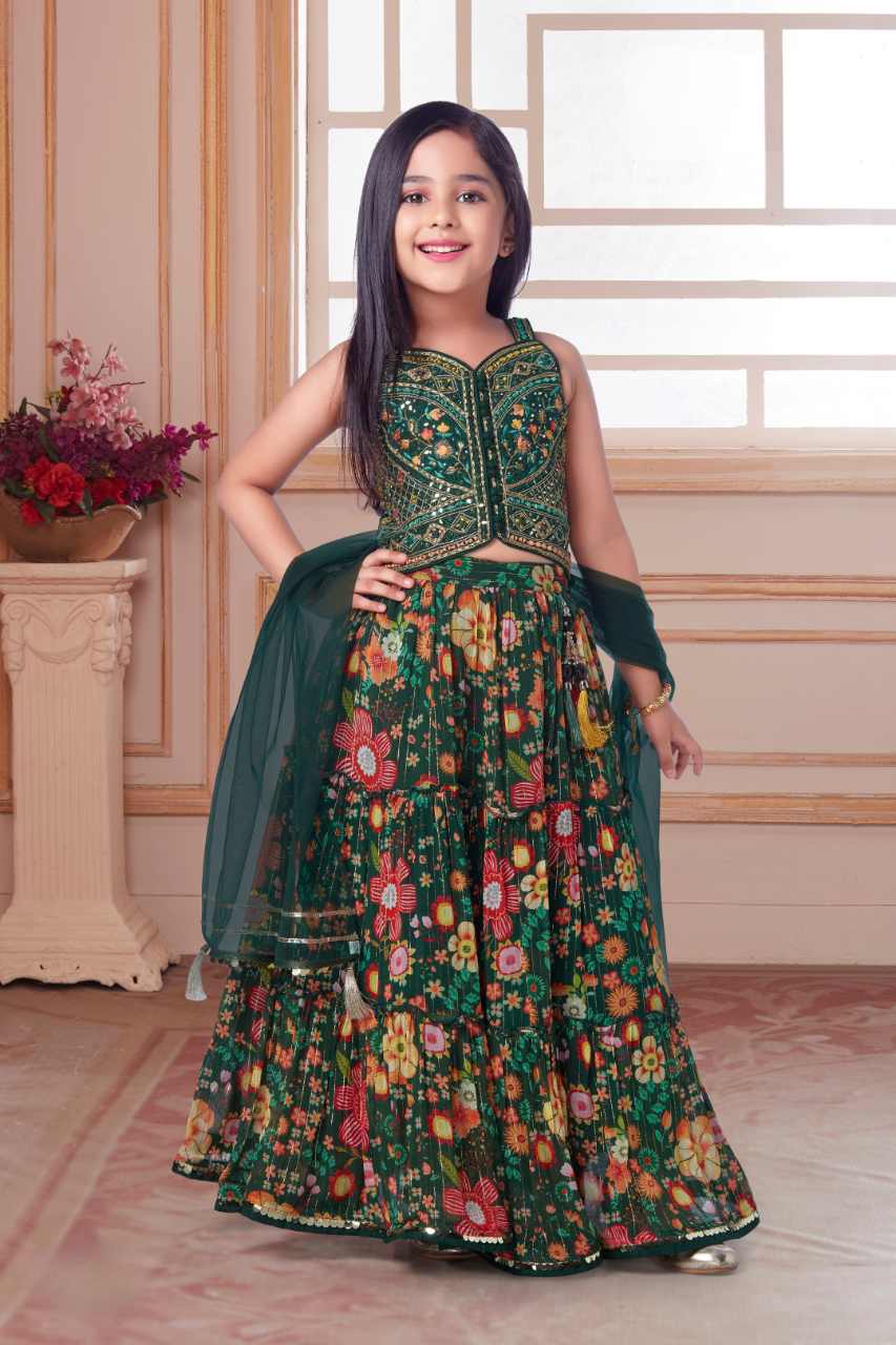 Green Floral Embroidered Girls' Lehenga Choli