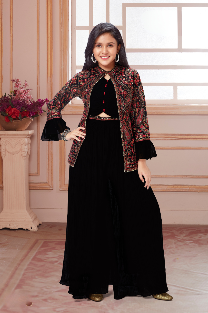 Black and Red Girls’ Embroidered Ethnic Pallazo Jacket Set