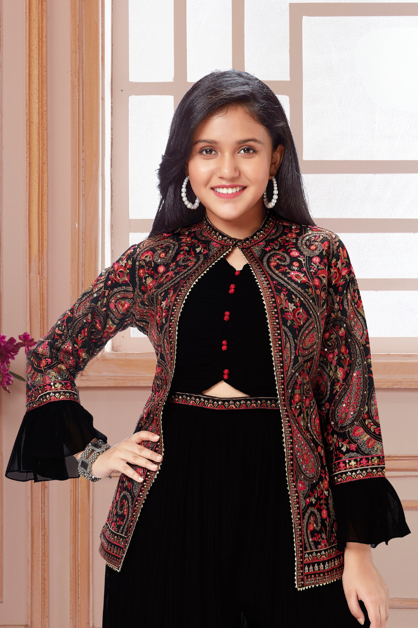 Black and Red Girls’ Embroidered Ethnic Pallazo Jacket Set