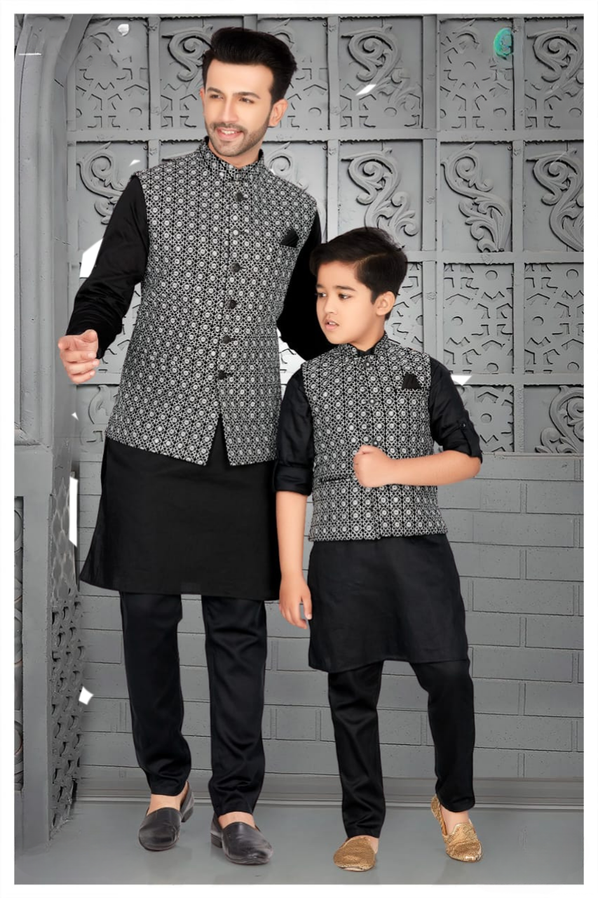 Black Men & Boys’ Classic Kurta Set with Embroidered Nehru Jacket