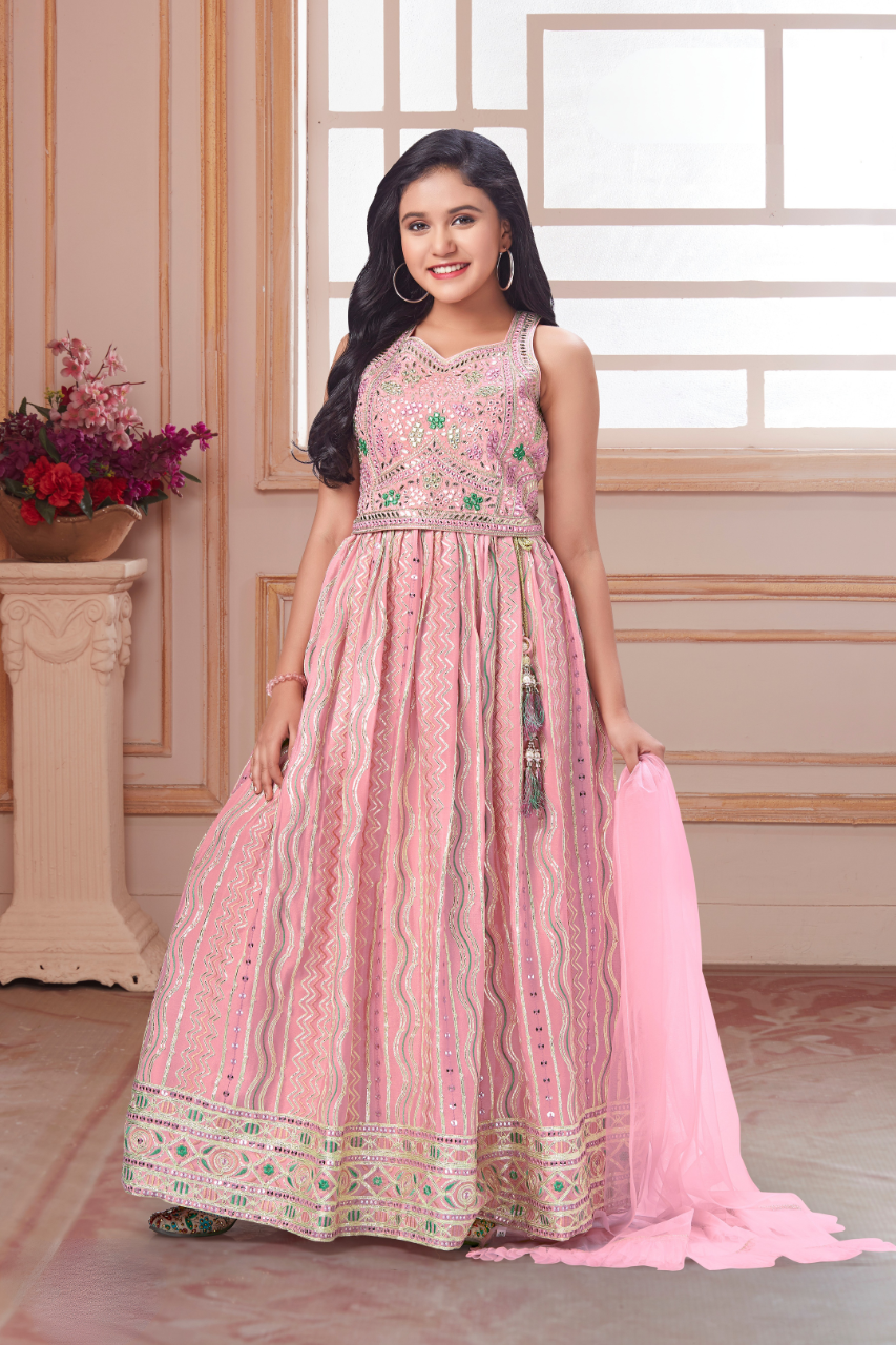 Blush Pink Embroidered Girls’ Elegant Festive Lehenga Set