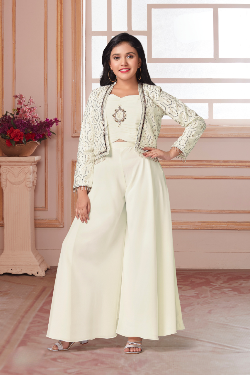 Ivory Embroidered Palazzo Set with Crop Top and Jacket