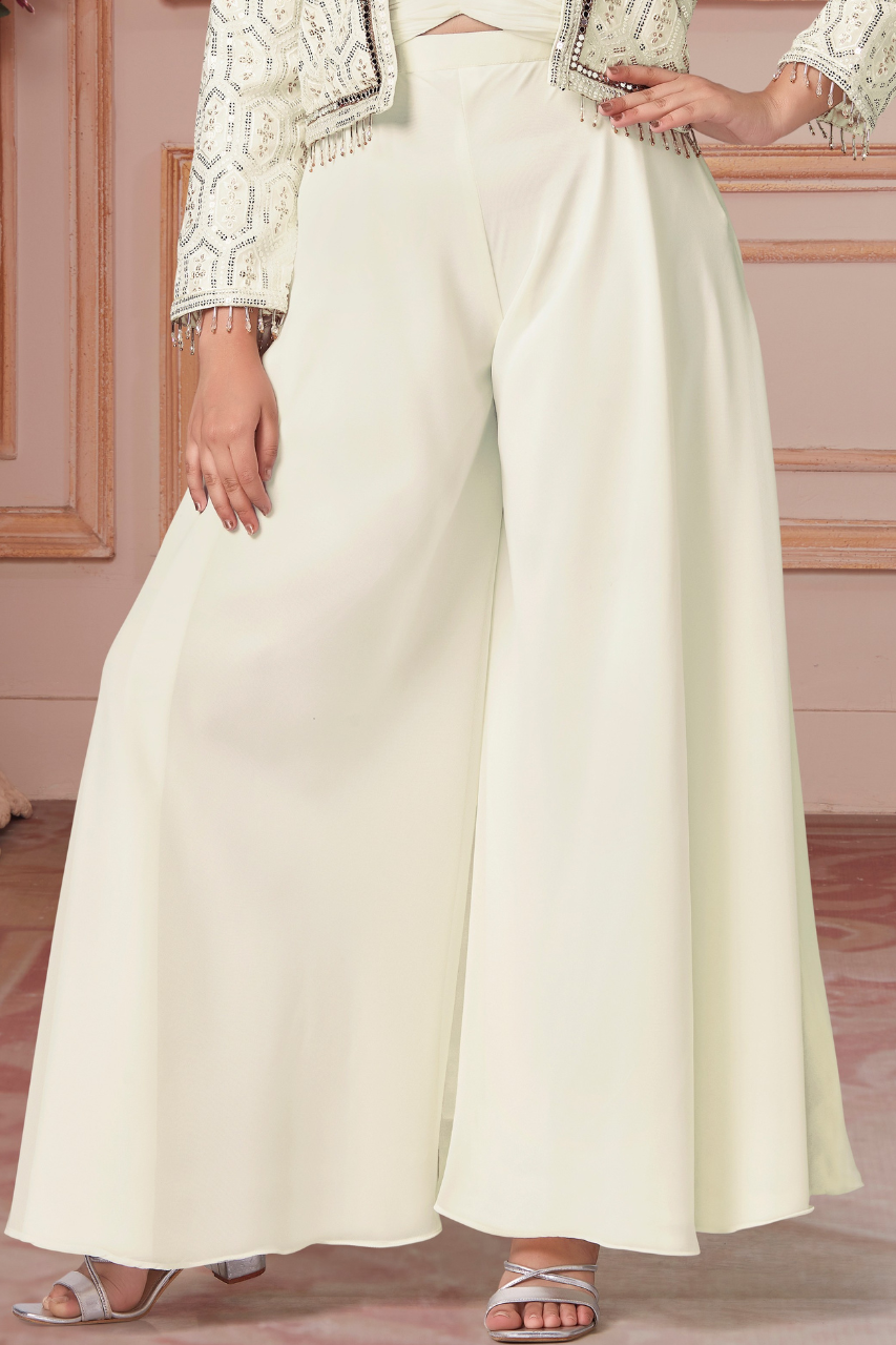 Ivory Embroidered Palazzo Set with Crop Top and Jacket