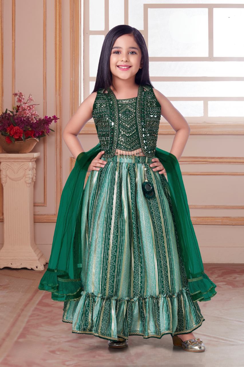 Emerald Green Girls’ Ethnic Lehenga Set with Mirror-Work Blouse & Dupatta
