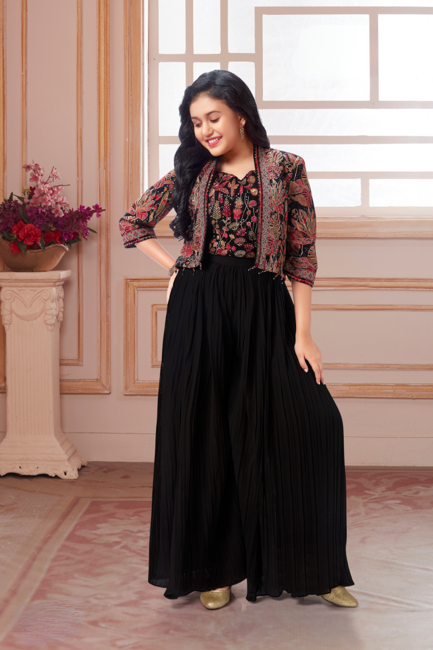 Black Girls’ Ethnic Jacket Pallazo Set with Intricate Embroidery