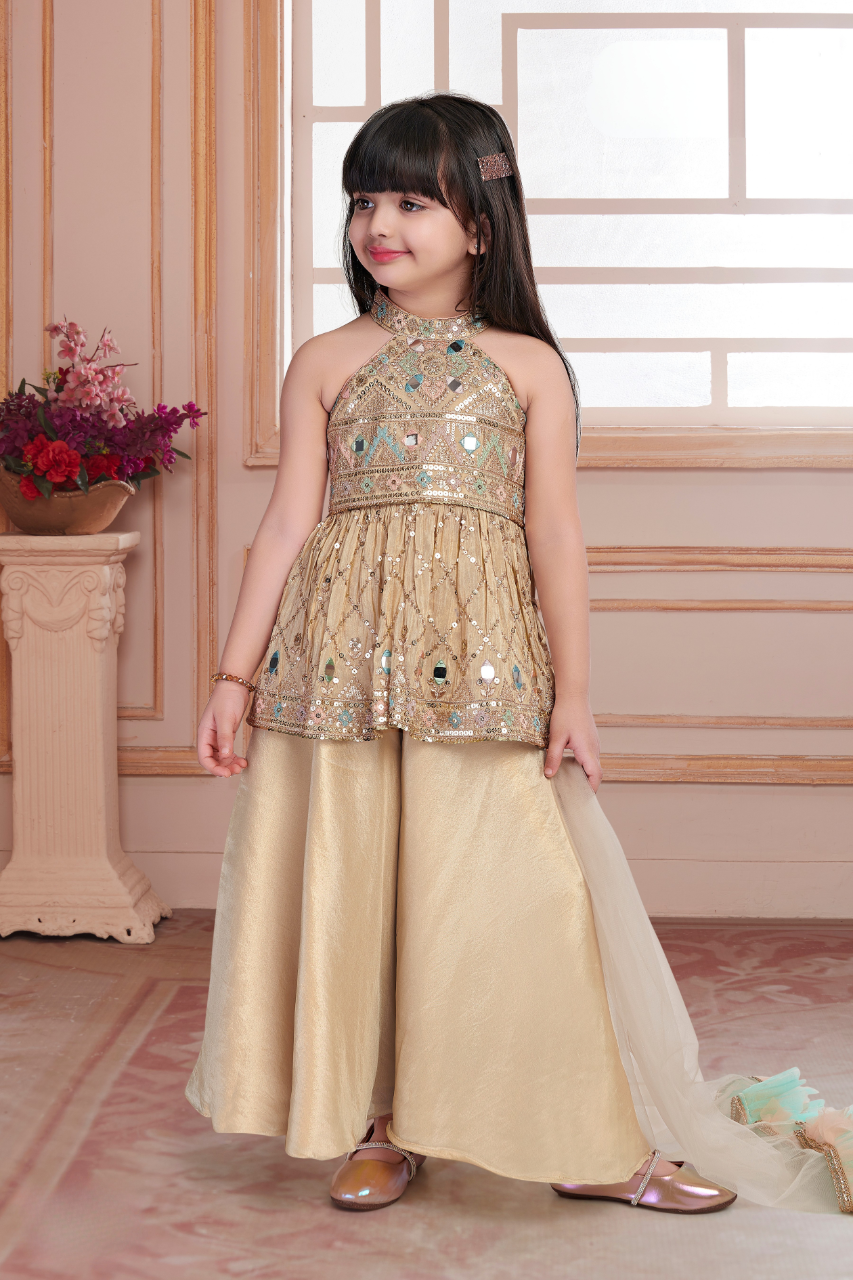 Gold & Cream Girls’ Embellished Palazzo Set with Dupatta