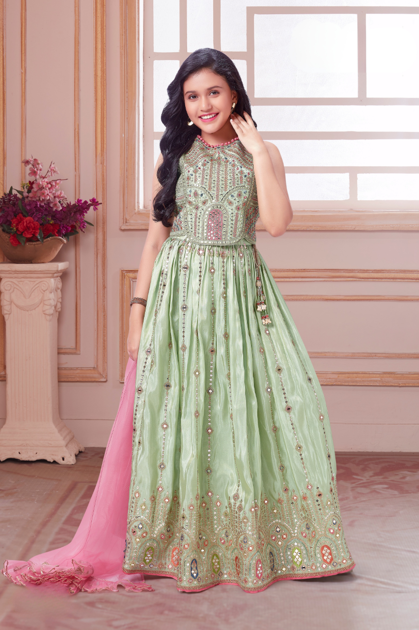 Mint Green Girls’ Embellished Ethnic Lehenga With Pink Dupatta