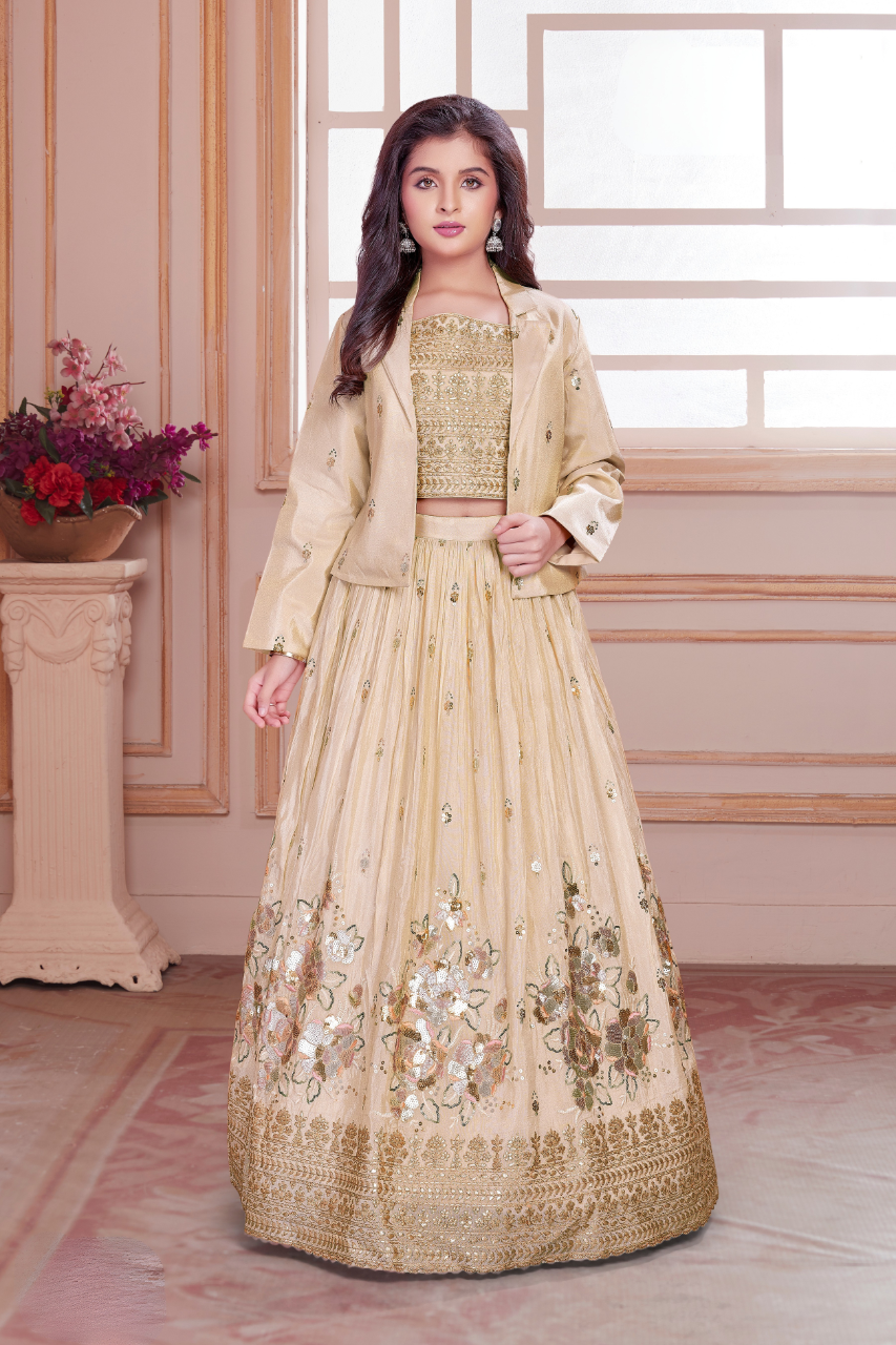 Gold Girls Embroidered Lehenga Choli With Jacket