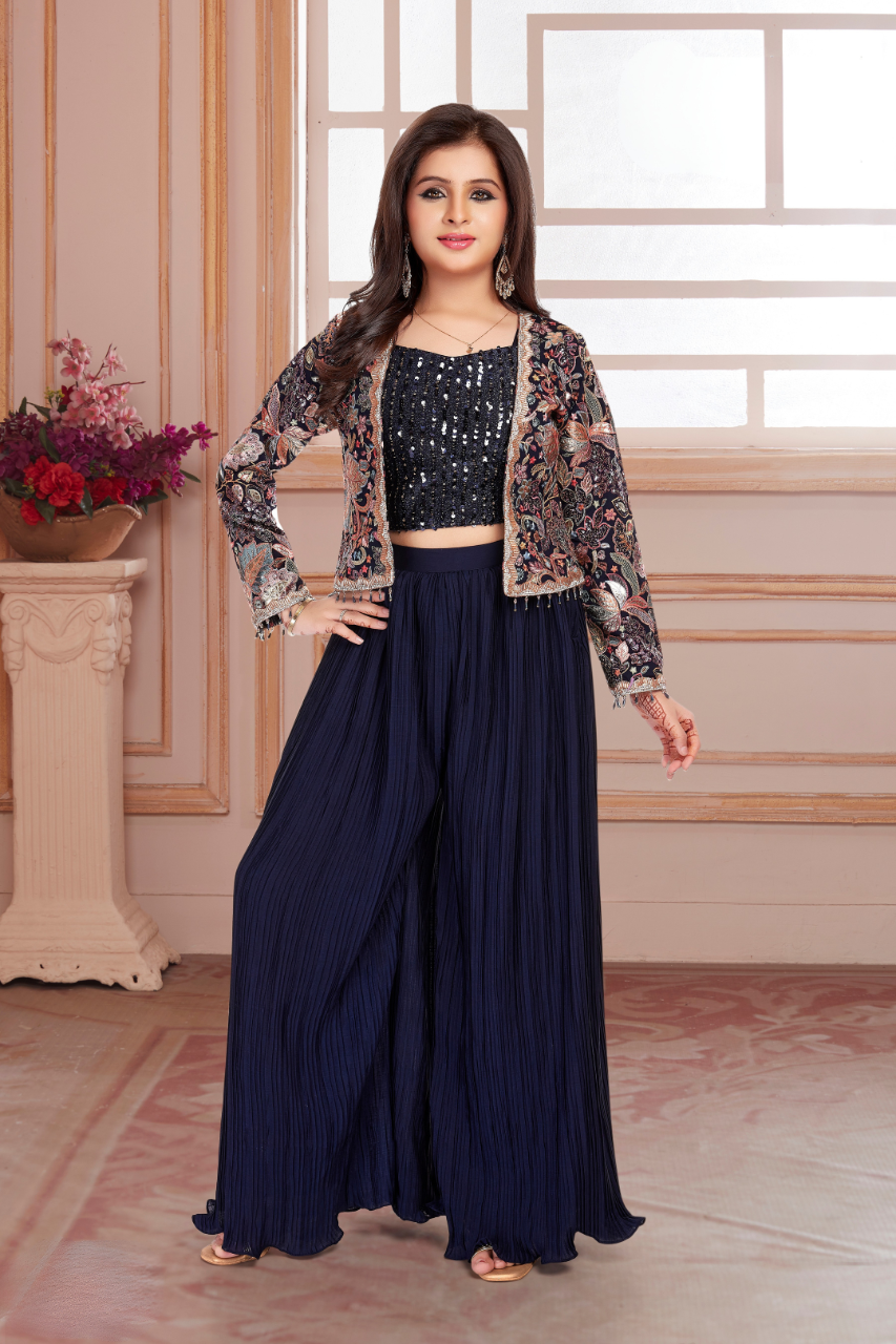 Navy Blue Embroidered Pallazo Jacket Set