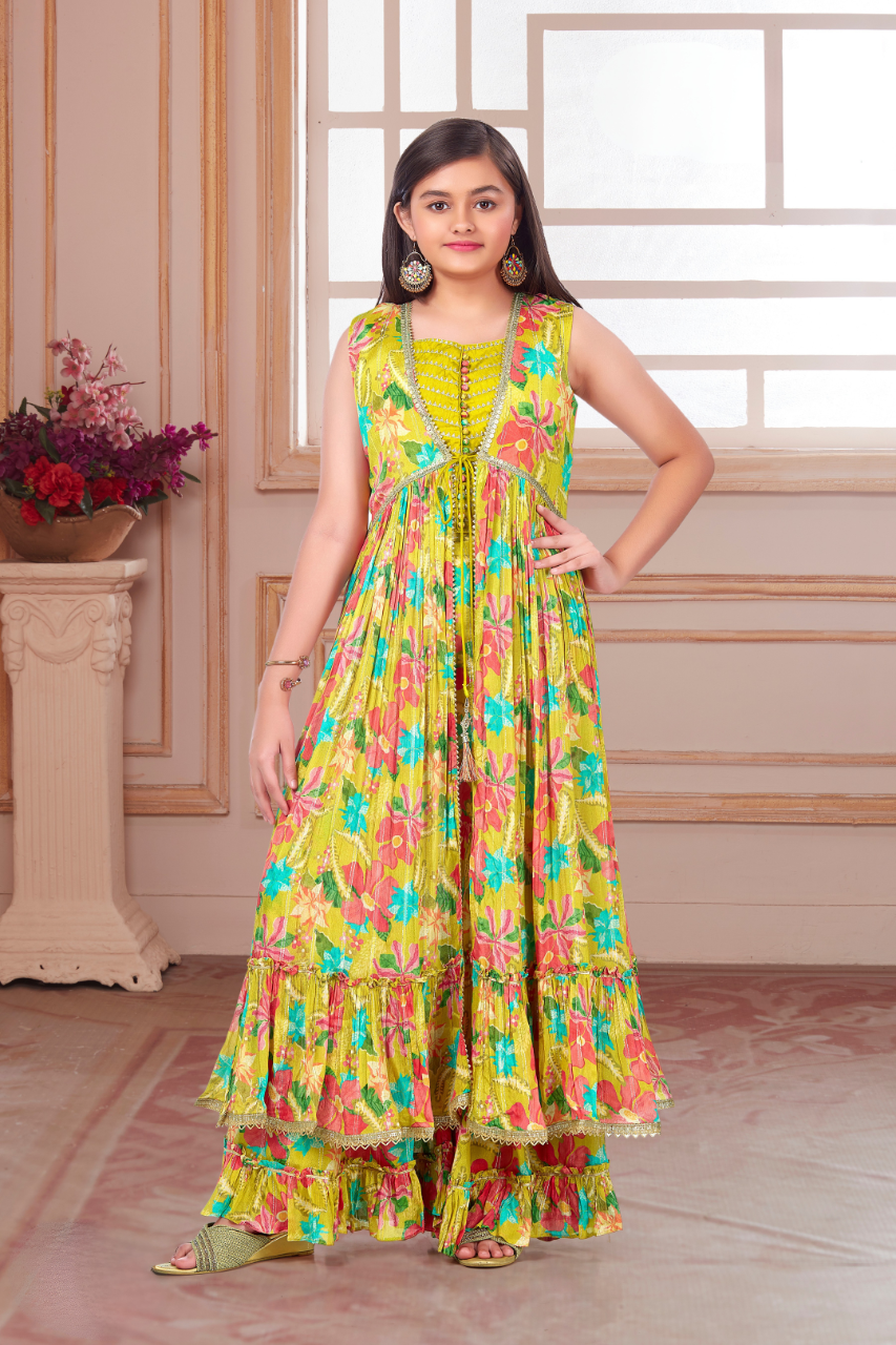 Yellow & Multicolor Girls’ Ethnic Floral Sharara Set