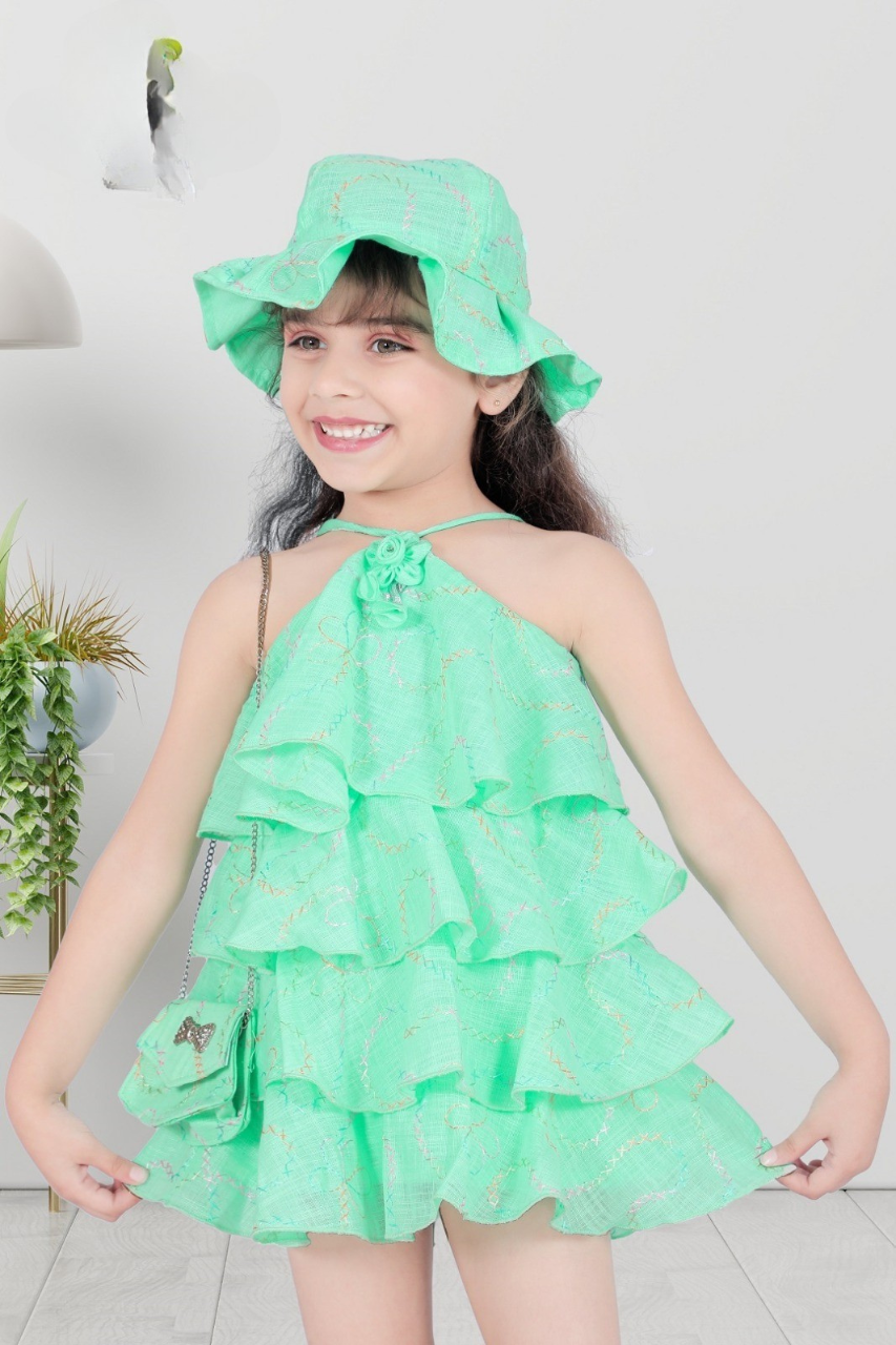 Green Ruffle Dress with Hat and Bag