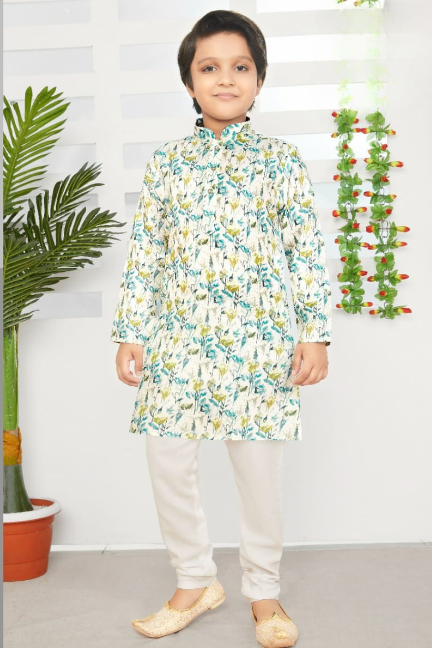 White & Blue Boys’ Floral-Printed Mandarin-Collar Kurta Set