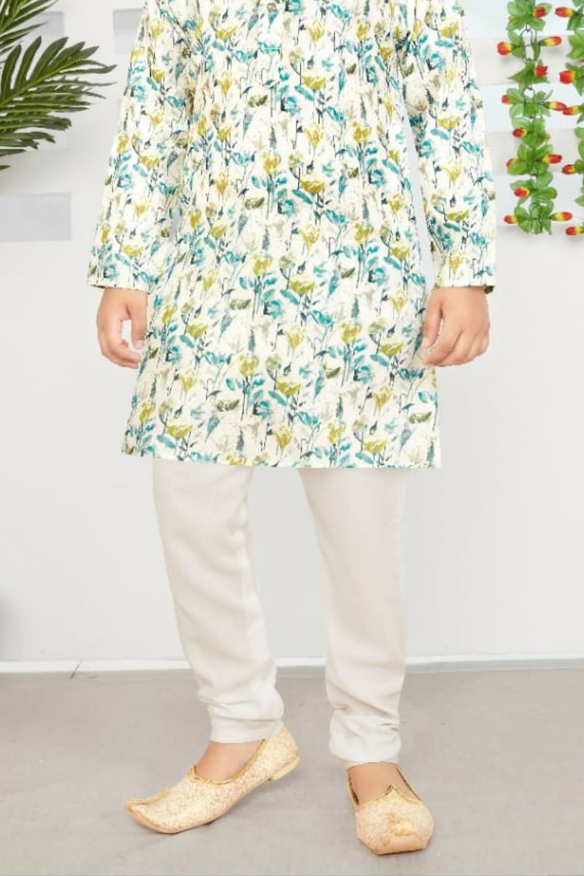 White & Blue Boys’ Floral-Printed Mandarin-Collar Kurta Set