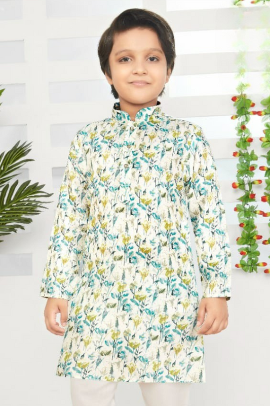 White & Blue Boys’ Floral-Printed Mandarin-Collar Kurta Set