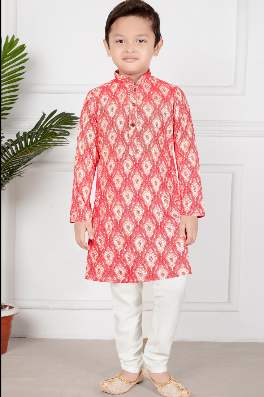 Red & White Boys’ Traditional Printed Mandarin-Collar Kurta Set