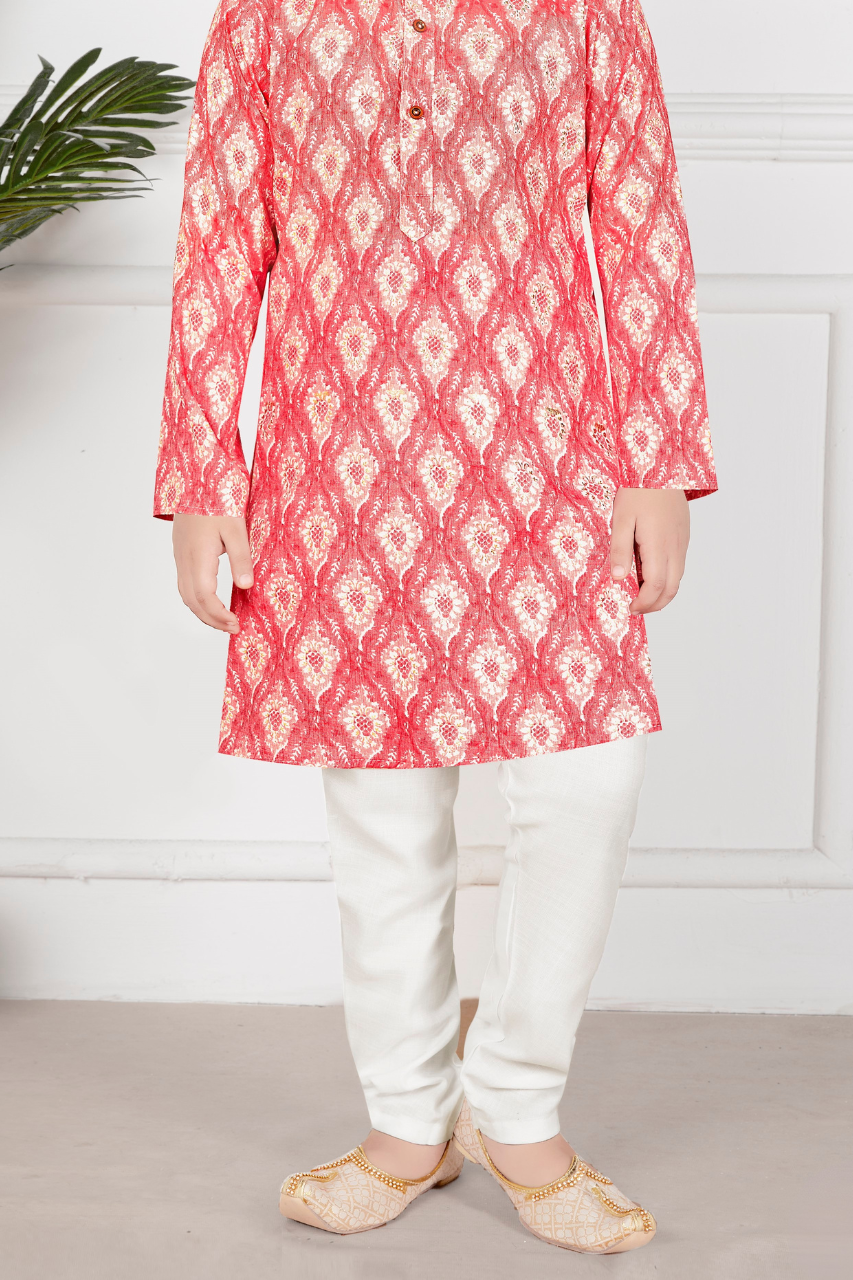Red & White Boys’ Traditional Printed Mandarin-Collar Kurta Set