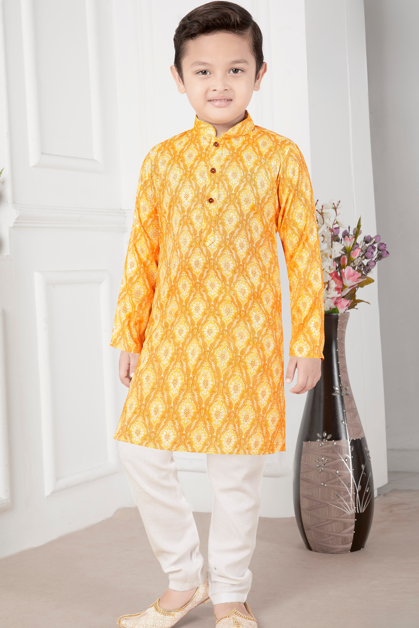 Yellow & White Boys’ Traditional Printed Mandarin-Collar Kurta Set