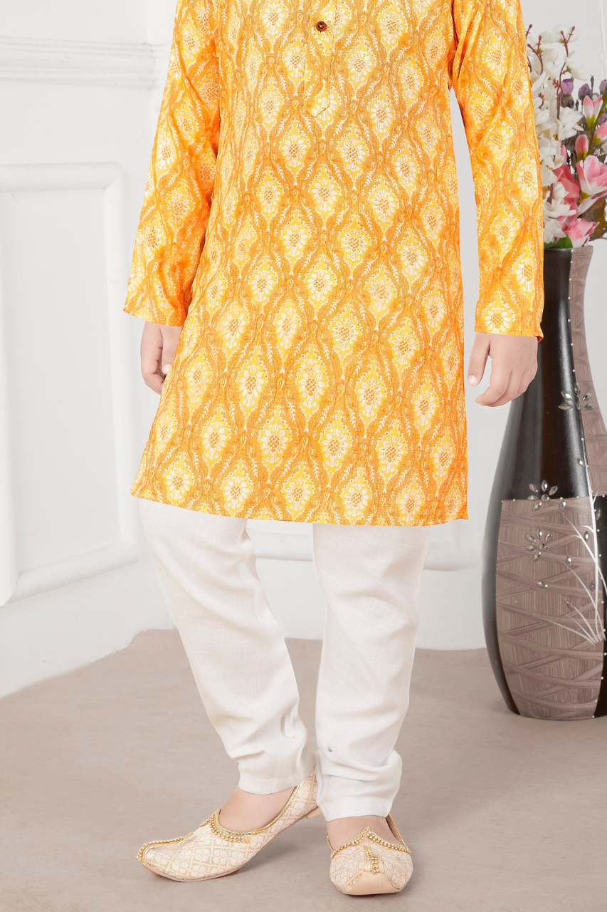 Yellow & White Boys’ Traditional Printed Mandarin-Collar Kurta Set