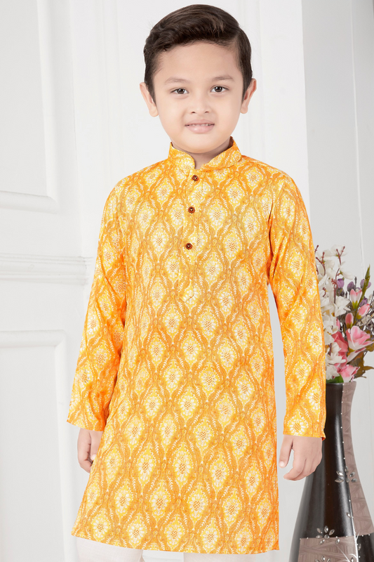 Yellow & White Boys’ Traditional Printed Mandarin-Collar Kurta Set