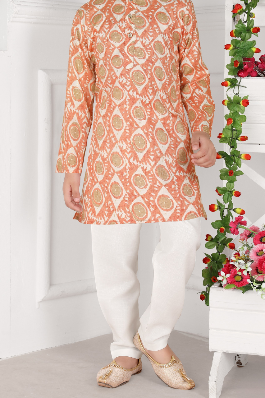 Peach & White Boys’ Traditional Printed Festive Kurta Set
