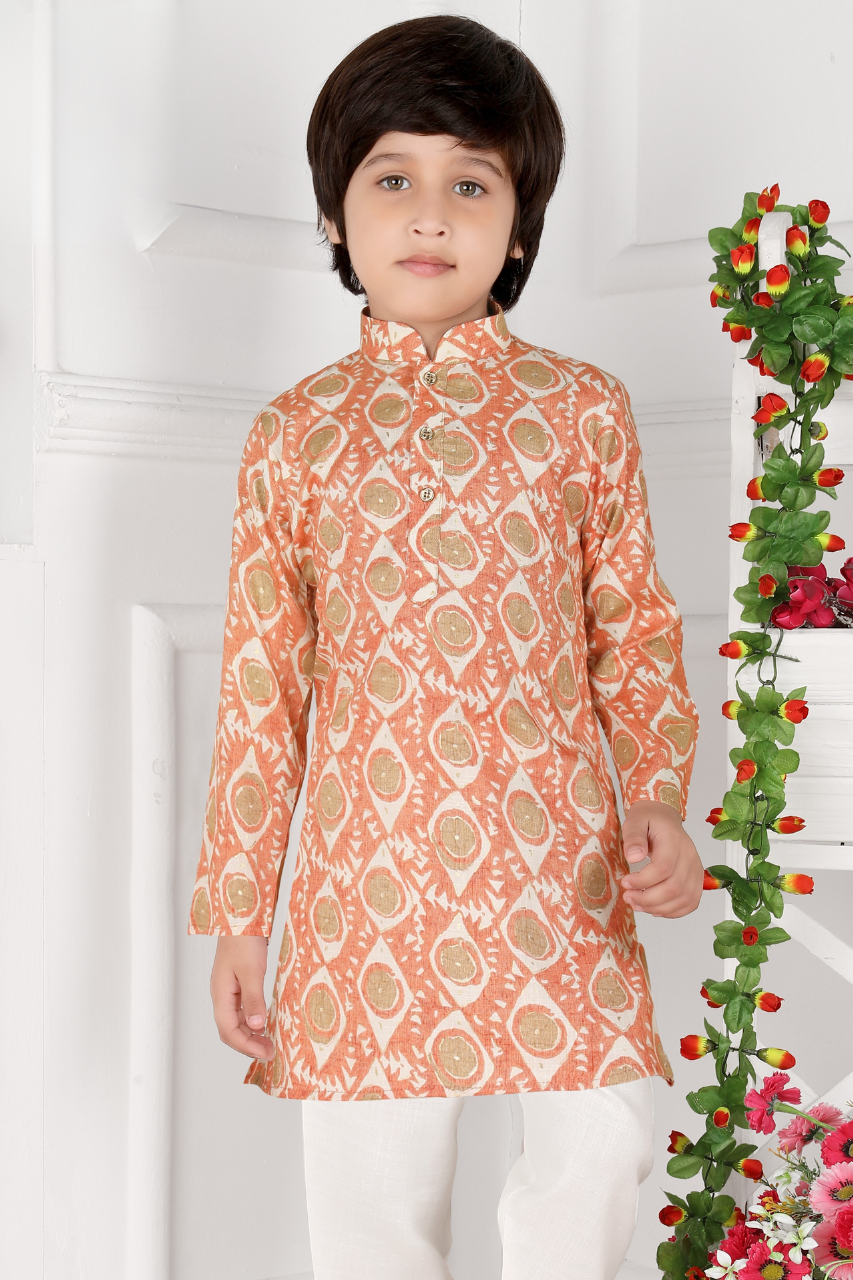 Peach & White Boys’ Traditional Printed Festive Kurta Set