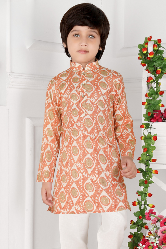 Peach & White Boys’ Traditional Printed Festive Kurta Set