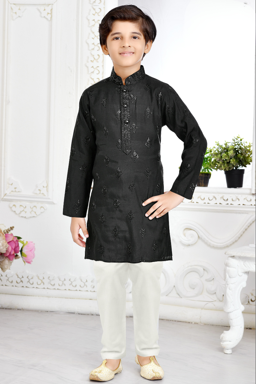 Black & White Boys’ Embroidered Festive Kurta Set