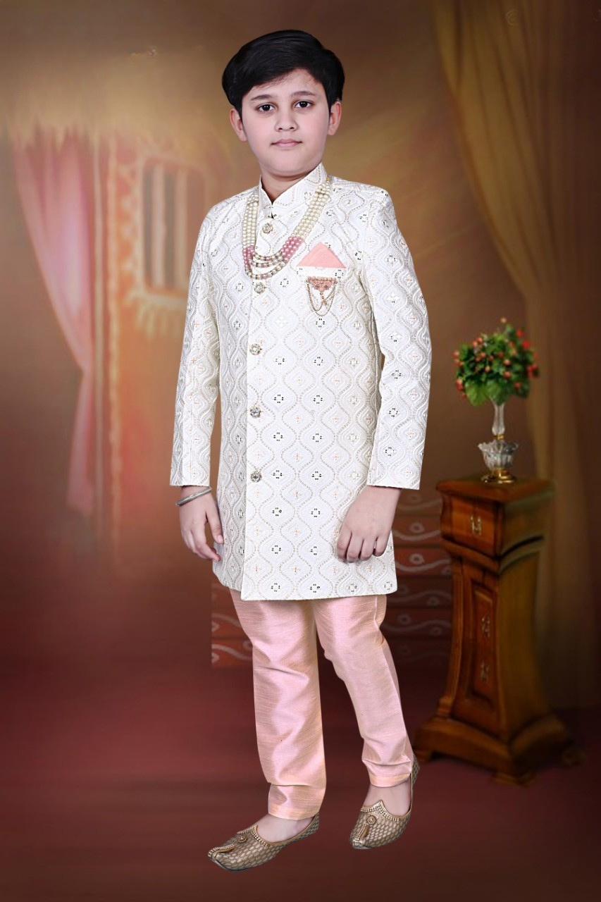 White & Peach Boys’ Elegant Embroidered Sherwani Set