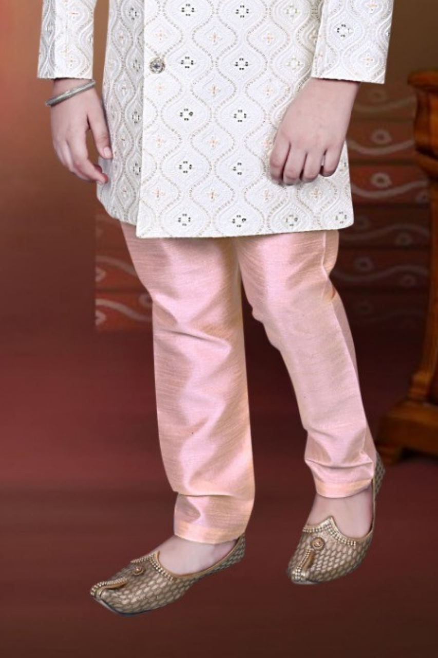 White & Peach Boys’ Elegant Embroidered Sherwani Set