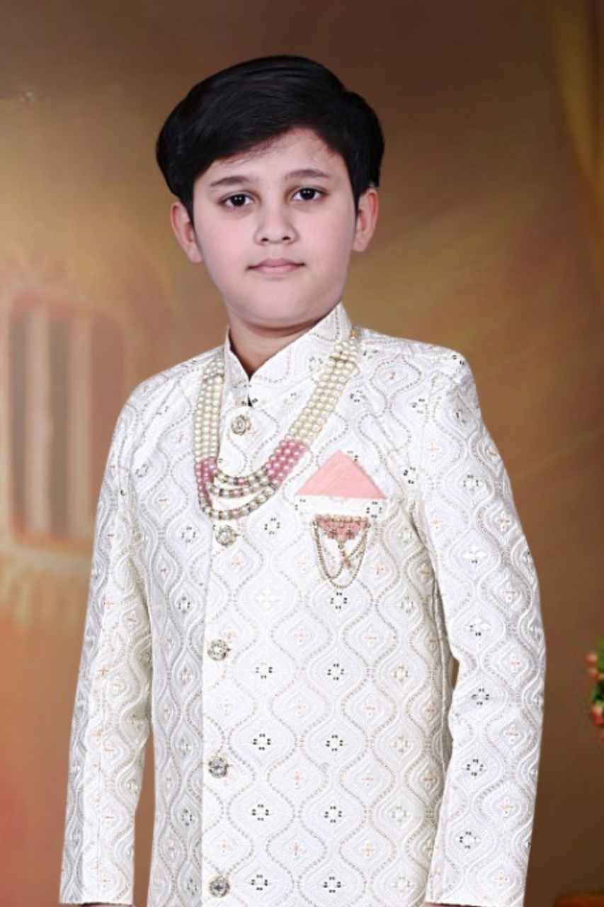 White & Peach Boys’ Elegant Embroidered Sherwani Set