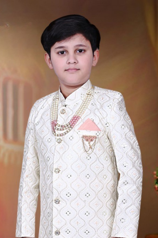 White & Peach Boys’ Elegant Embroidered Sherwani Set