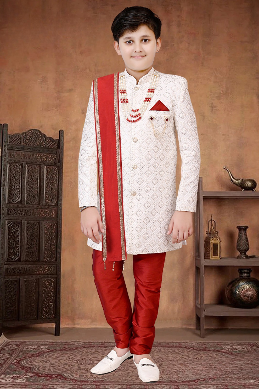 White & Red Boys’ Royal Embroidered Sherwani Set