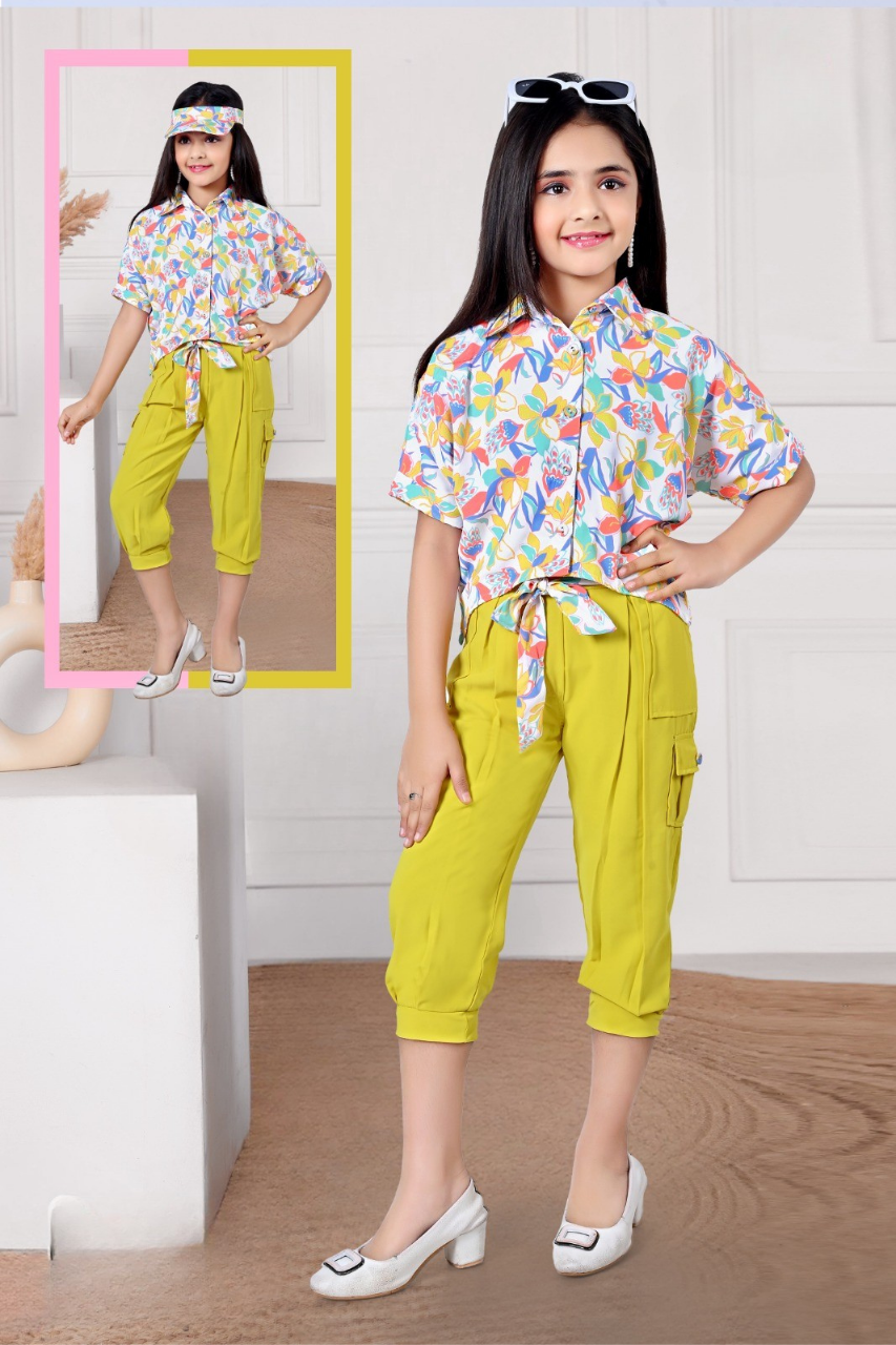 Yellow and Multicolor Floral Tie-Front Shirt Set