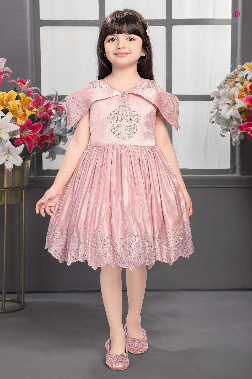 Pink Girls’ Stylish Embroidered Pleated Dress