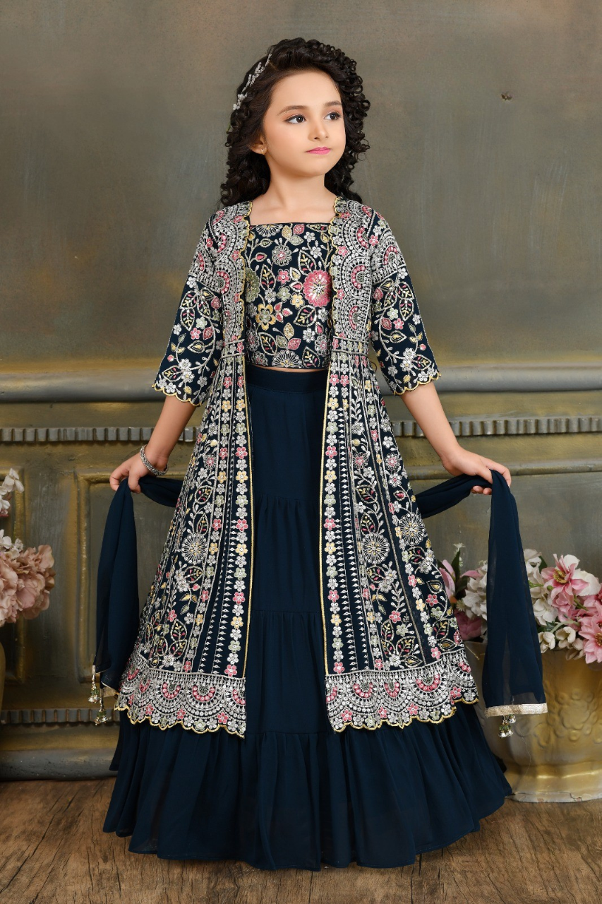 Navy Blue Girls' Designer Embroidered Jacket Lehenga Set