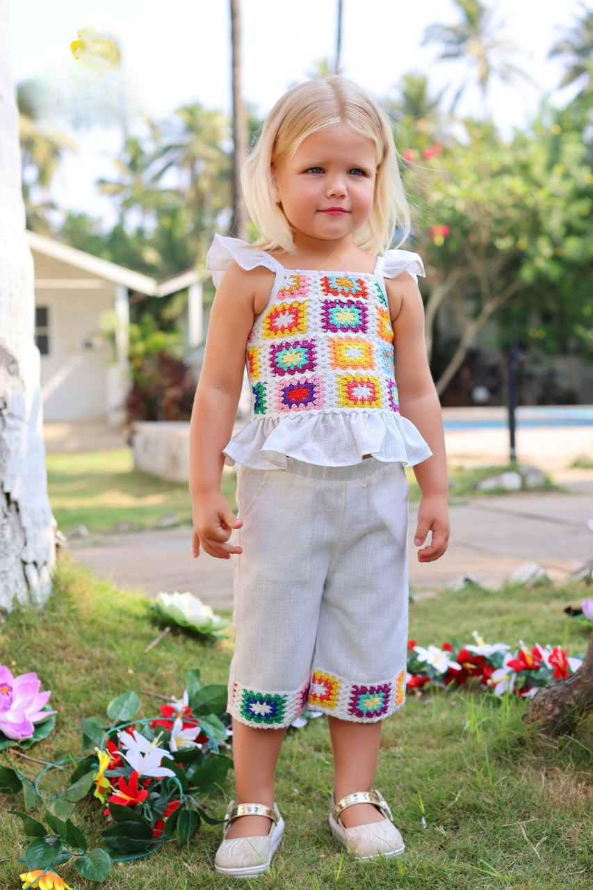 White & Multicolor Crochet Patchwork Top & Culottes Set
