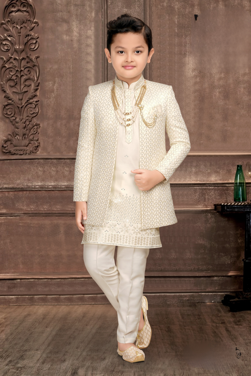 Regal Cream Indo-Western Sherwani Set for Boys
