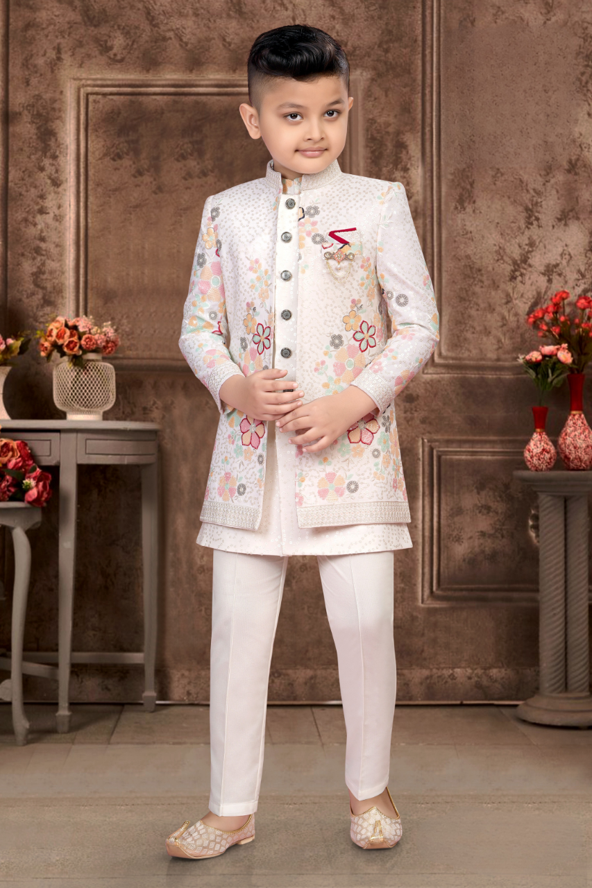 Cream Floral Embroidered Indo-Western Set for Boys