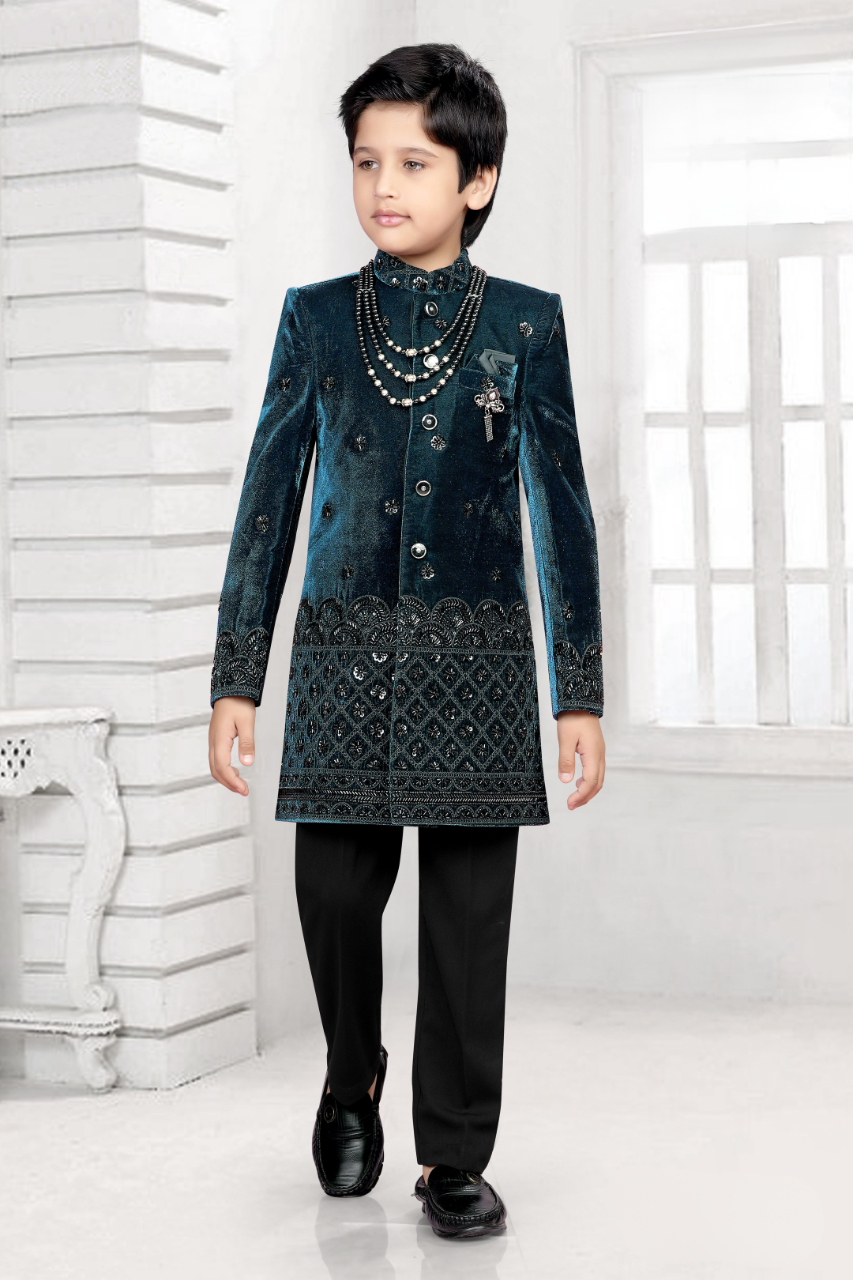 Royal Blue Velvet Indo-Western Sherwani Set for Boys