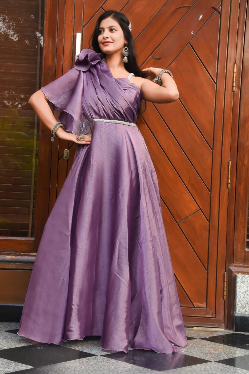 Purple One-Shoulder Belted Gown