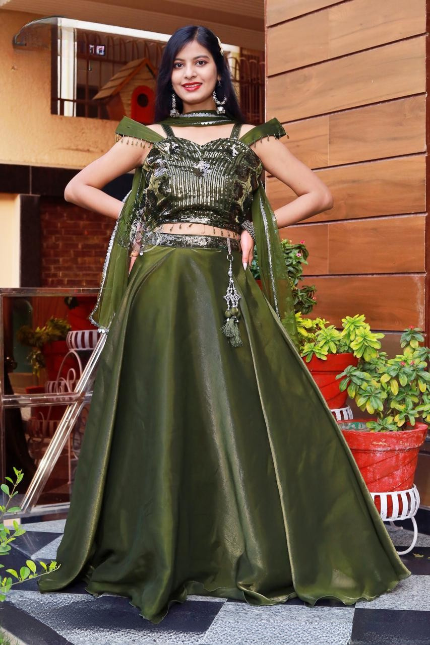 Olive Green Liquid Metal Lehenga Choli Set