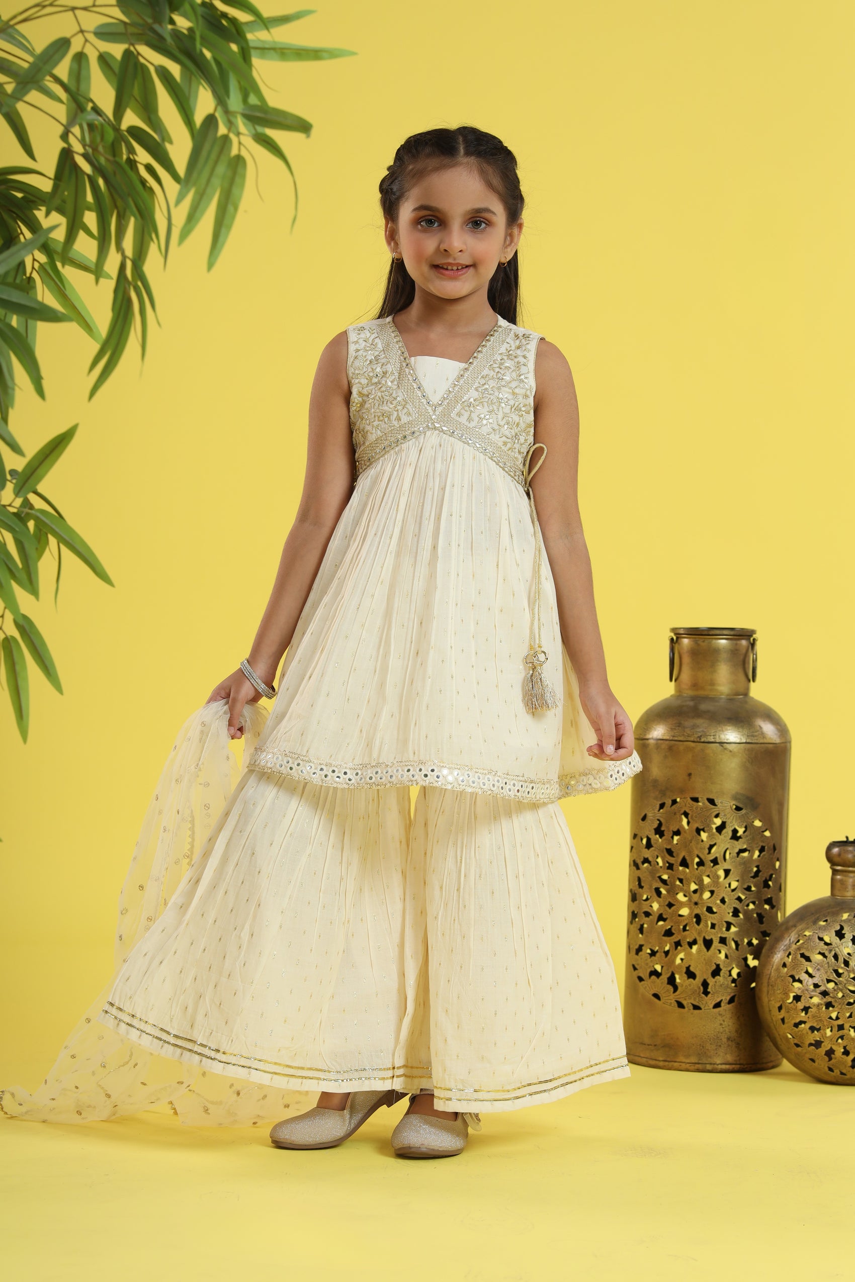 Cream Princess Glam Embroidered Sharara Set