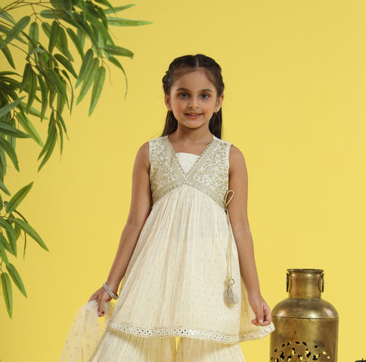 Cream Princess Glam Embroidered Sharara Set