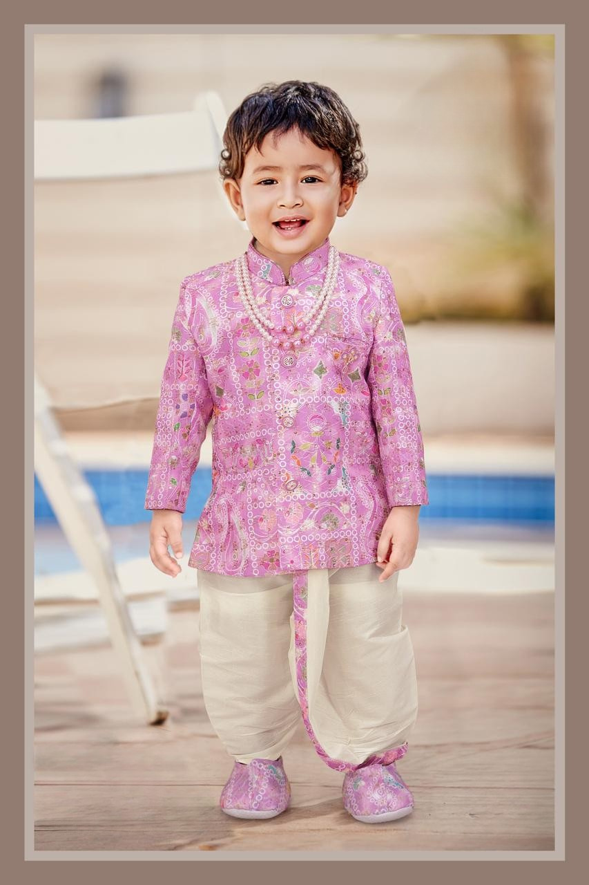 Pink & Cream Boys’ Bandhani Print Ethnic Dhoti Set