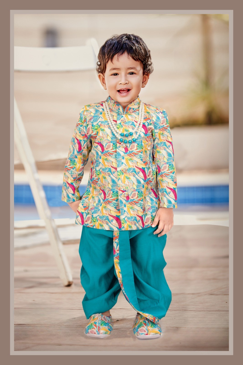 Teal & Multicolor Boys’ Floral Print Ethnic Dhoti Set