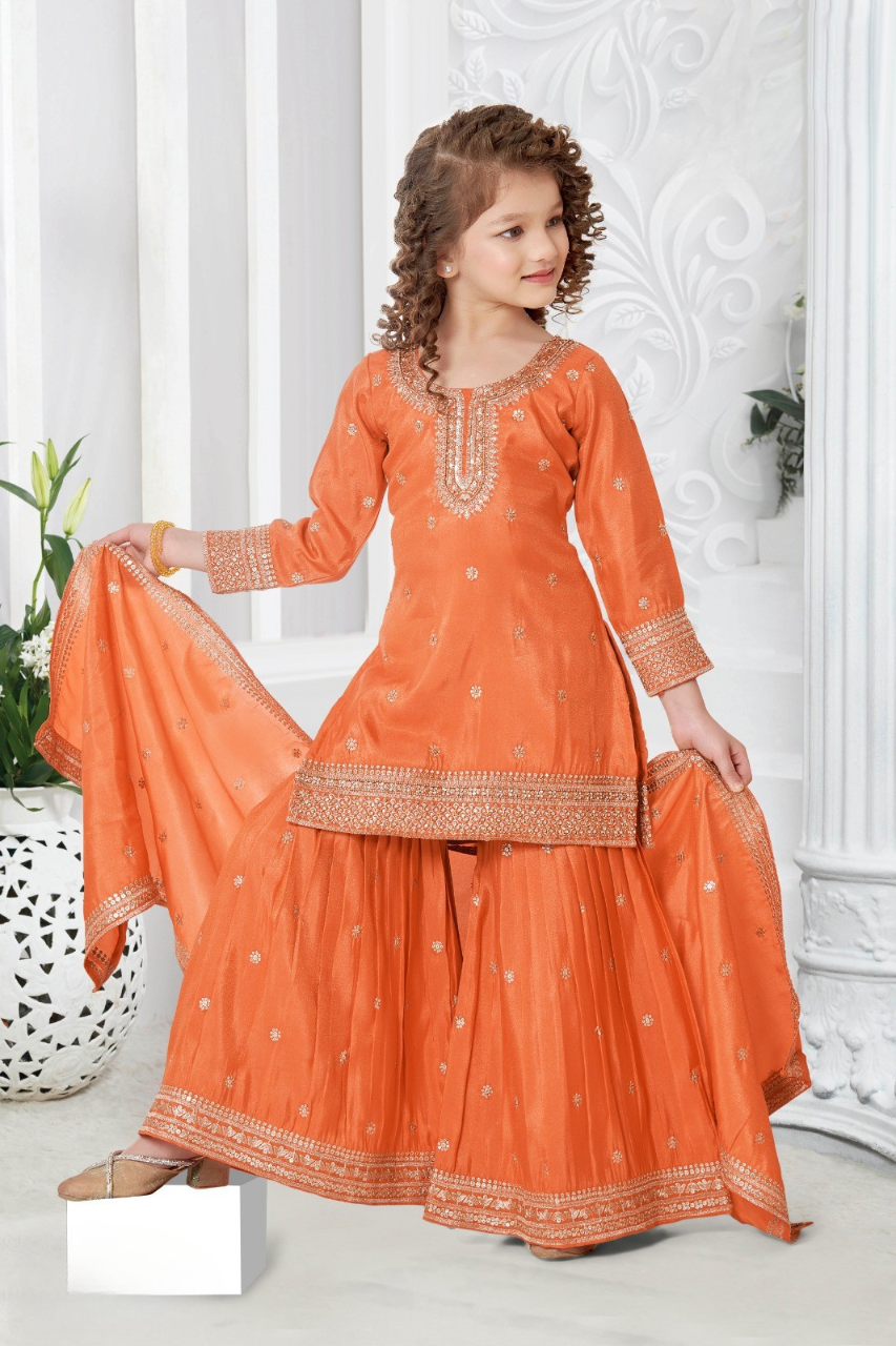 Orange Girls' Embroidered Sharara Suit Set