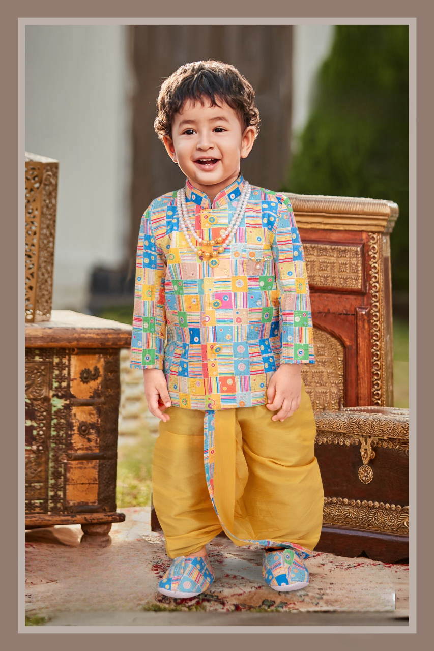 Multicolor & Mustard Boys’ Festive Printed Kurta Dhoti Set